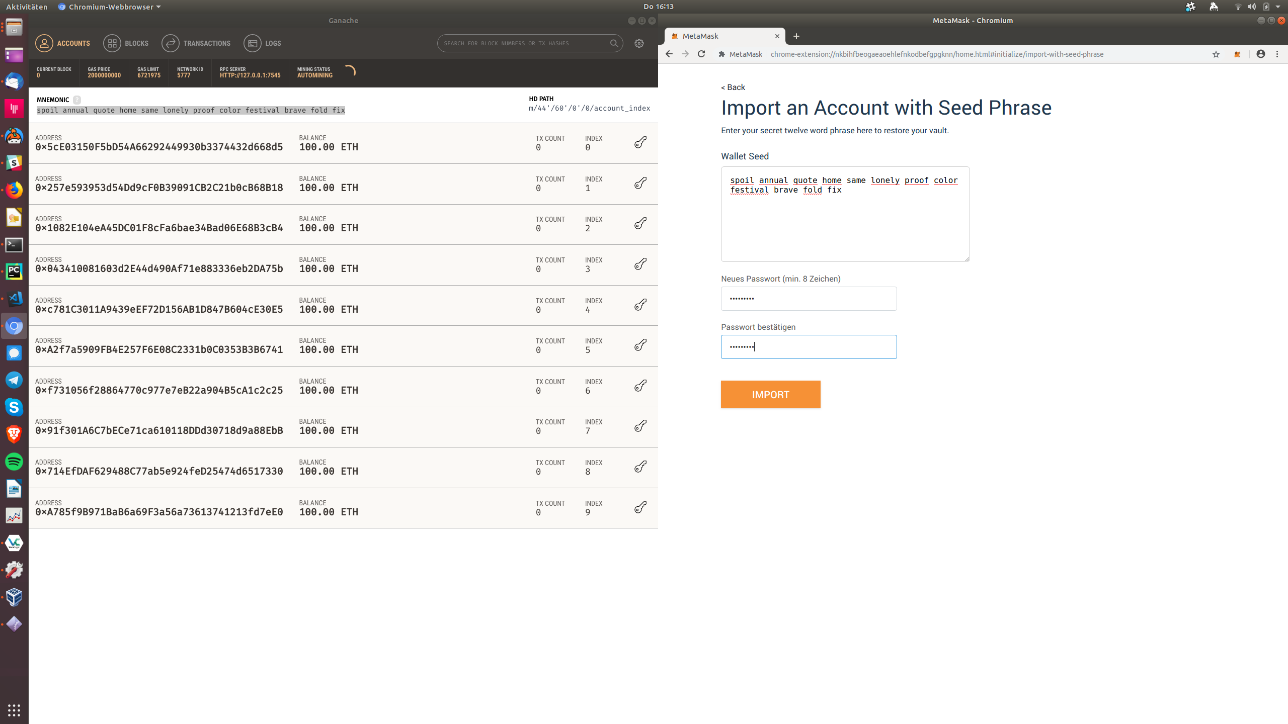 Importing Ganache GUI seedphrase in MetaMask