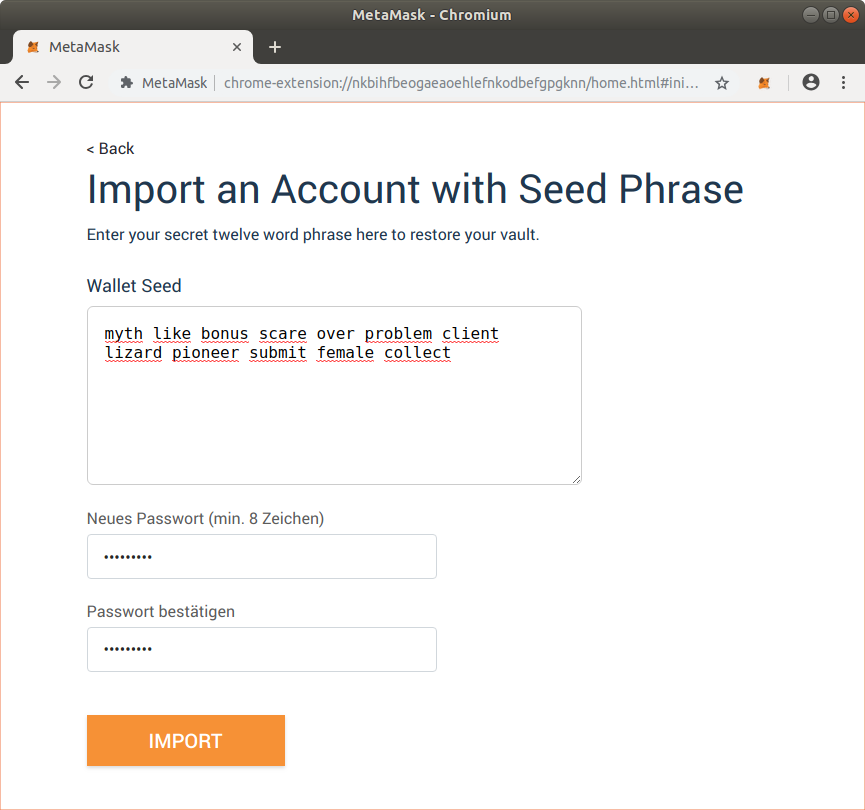 Importing your seed phrase in MetaMask
